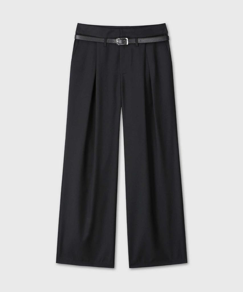 Beleun Leather Belted Box Pleated Slacks (Black)