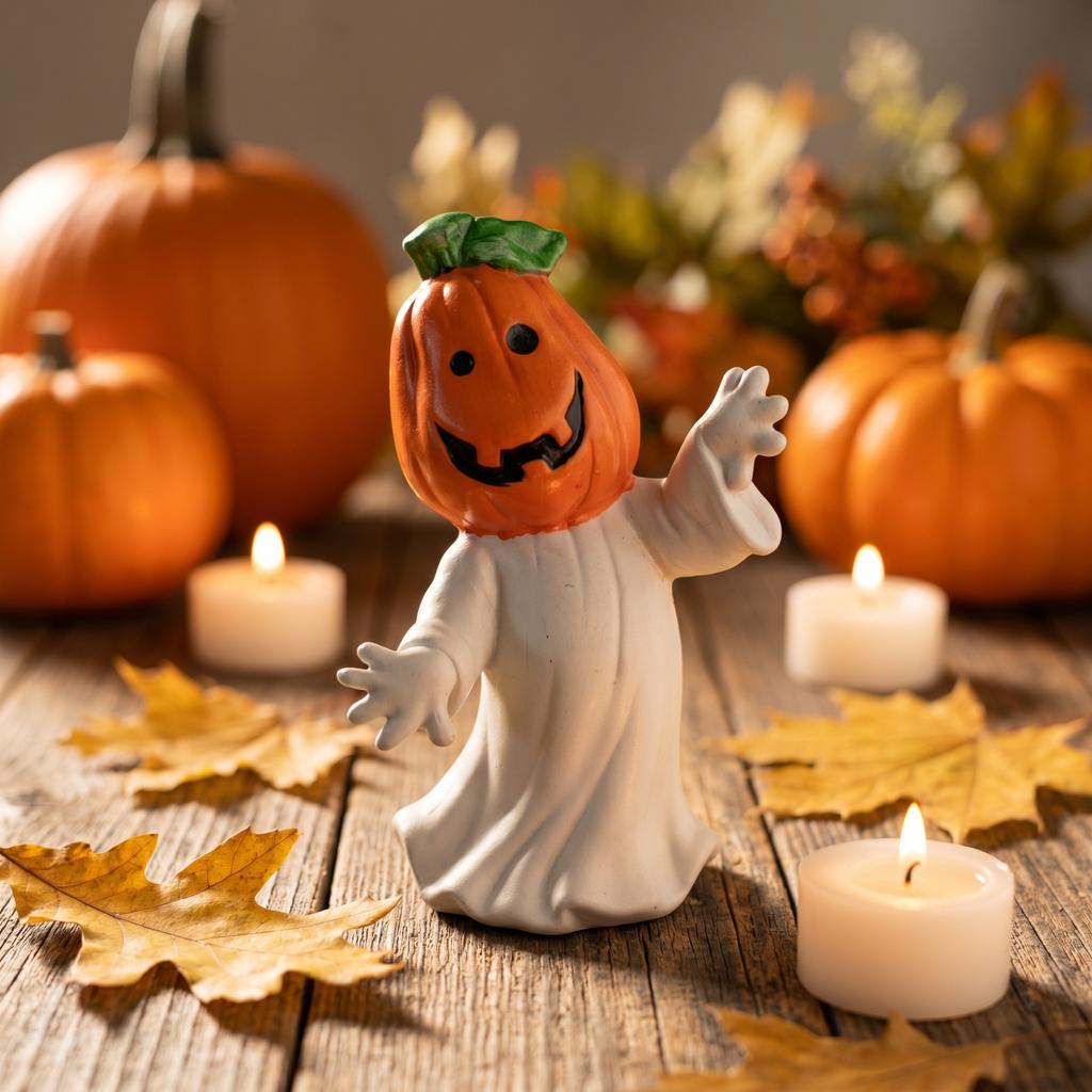 Halloween Pumpkin Head Ghost Figurine Ceramic Tabletop Decoration for Seasonal Home Display Indoor Use