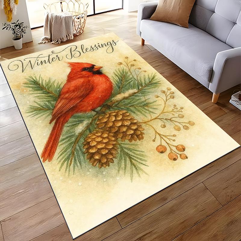 Red Cardinal with Pinecones and Winter Blessings Text - Non-slip rug suitable for living room and bedroom sofas.