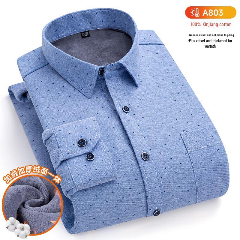 New Plus Size Velvet-Lined Men's Pure Cotton Plaid Shirt - Warm, Thickened for Autumn/Winter Cold Protection