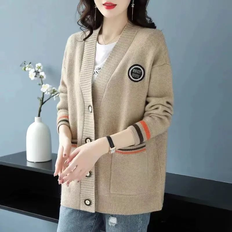 

Осенне-зимний кардиган для женщин, свободный свитер-жакет, для мамы среднего возраста, в западном стиле, верхняя вязаная кофта, толстая L верблюд
