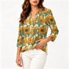 Women's Vintage Floral Print Henley Collar Button Front Three Quarter Sleeve Cotton Linen Shirt Casual Loose Fit Blouse