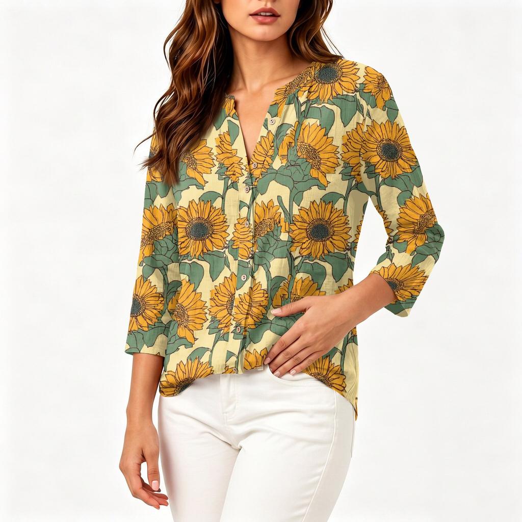 Women's Vintage Floral Print Henley Collar Button Front Three Quarter Sleeve Cotton Linen Shirt Casual Loose Fit Blouse