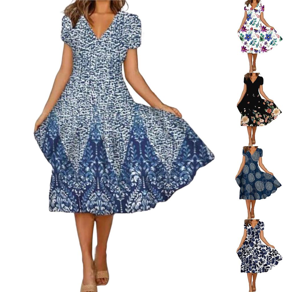 Women's Fashion A-Type V Neck Short Sleeve Floral Flower Print Loose Casual Dress