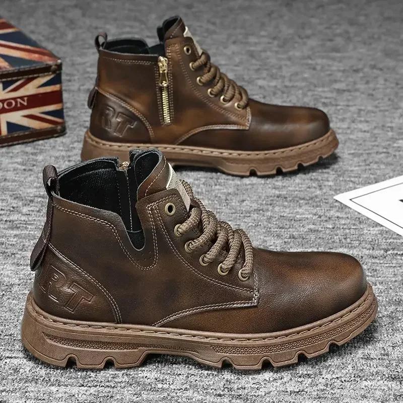 Fashion Ankle Short Barrel Male Shoes Brown Booties Black Men's Boots Y2k Offer In Promotion Retro Cheap Trendy 2025 New Offers Non Slip
