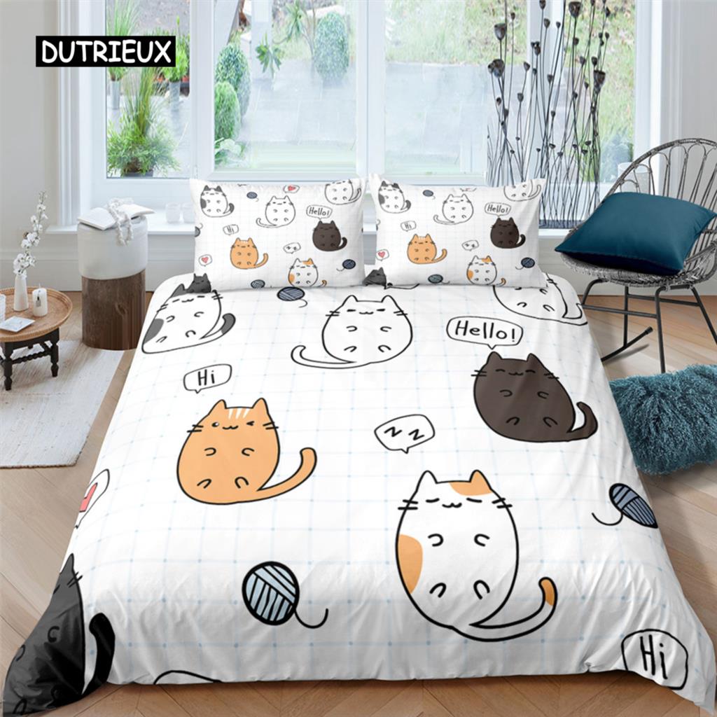 Home Textile Cartoons Cute Cat Quilt Cover Duvet Cover Pillow Case Boy Girl 2/3Pcs Polyester Bedding Set King Queen Twin Size