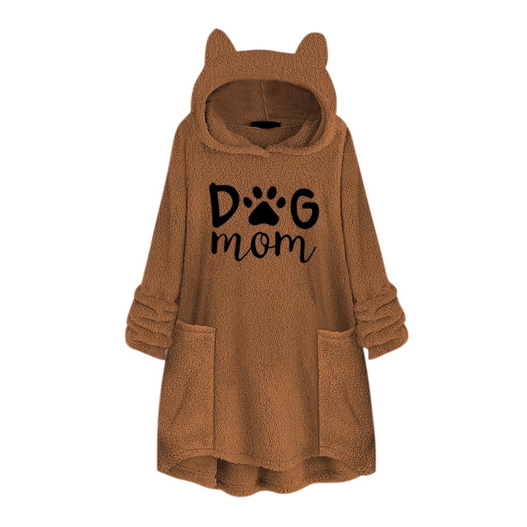 Kadın Polar Nakış Kedi Kulak Artı Boyutu Hoodie Cep Üst Kazak Bluz