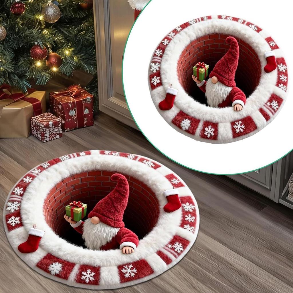 Christmas Decoration Round Carpet Non-Slip Door Mat Santa Claus Pattern Imitation Cashmere Rug Holiday Entryways Decor Mat