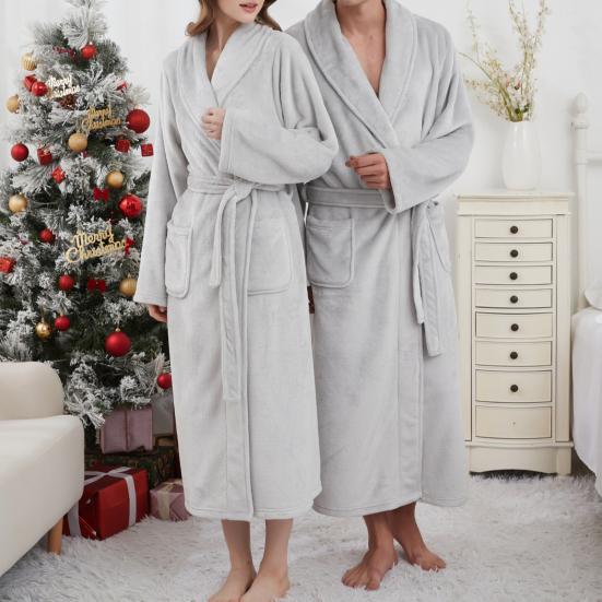 Bata Solapa Manga Larga Franela Suave Larga Bata Pareja Ropa de Salón Bata con Bolsillos Cinturón Albornoz