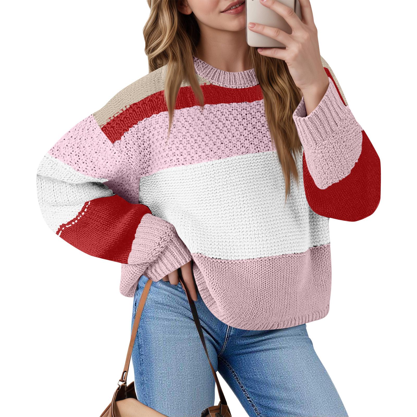 

Women s Color Block Cropped Sweaters Winter Trendy Casual Going Out Striped Pullover Tops L розовый