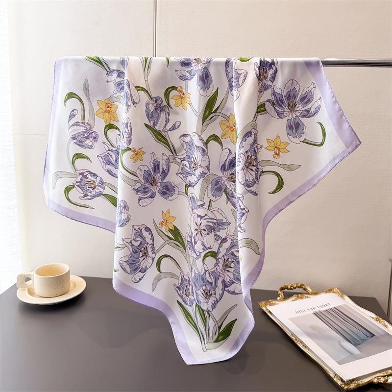 

Весенний романтический платок из искусственного шелка с цветочным принтом, квадратный платок, высококачественная шаль, универсальный шейный платок, маленький квадратный платок, головной платок, шарф Unilateral 66-70CM