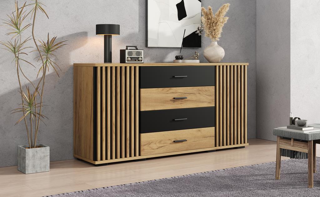 Μπουφές 140x35x70cm, MDF, 4 Συρτάρια & 2 Πόρτες, Όψη Κάθετης Αυλακώσης, Ρυθμιζόμενα Ράφια, Δρυς-Μαύρο, Ντουλάπι Αποθήκευσης για Σαλόνι Τραπεζαρία