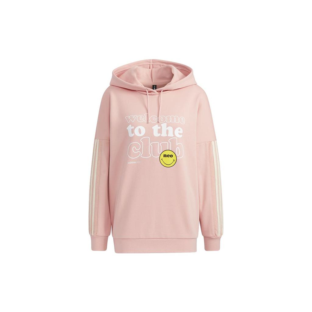 Adidas Neo X Smiley Collaboration Womens Smiley Hoodie Letter Print Sports Pullover American Sweatshirt Women Hoodies Pink H45535