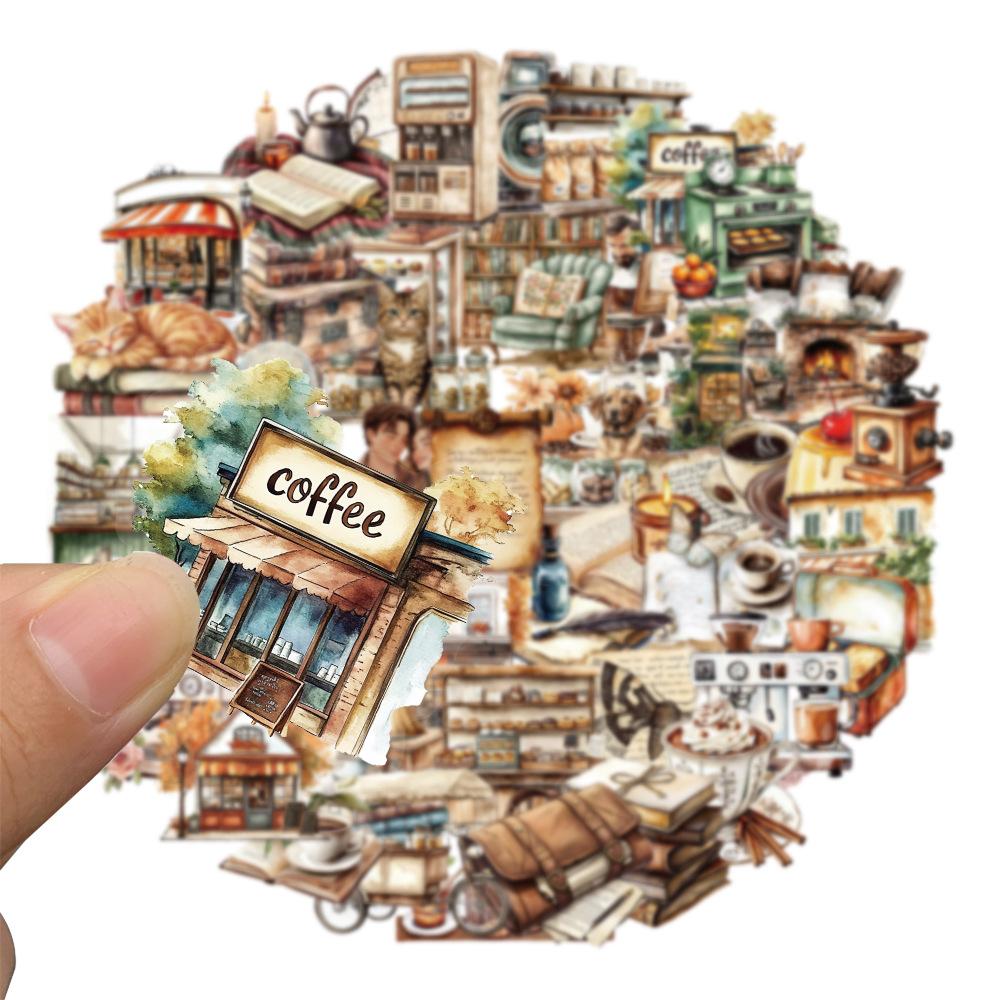 50 Pieces of Coffee Lovers Sticker Handbooks Combined Into A Collage To Decorate The Thermos Cup Notebook Stickers