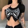American Retro Butterfly Print Irregular Split T-Shirt Summer Slim Fit Versatile Short Sleeve Short Top Streetwear