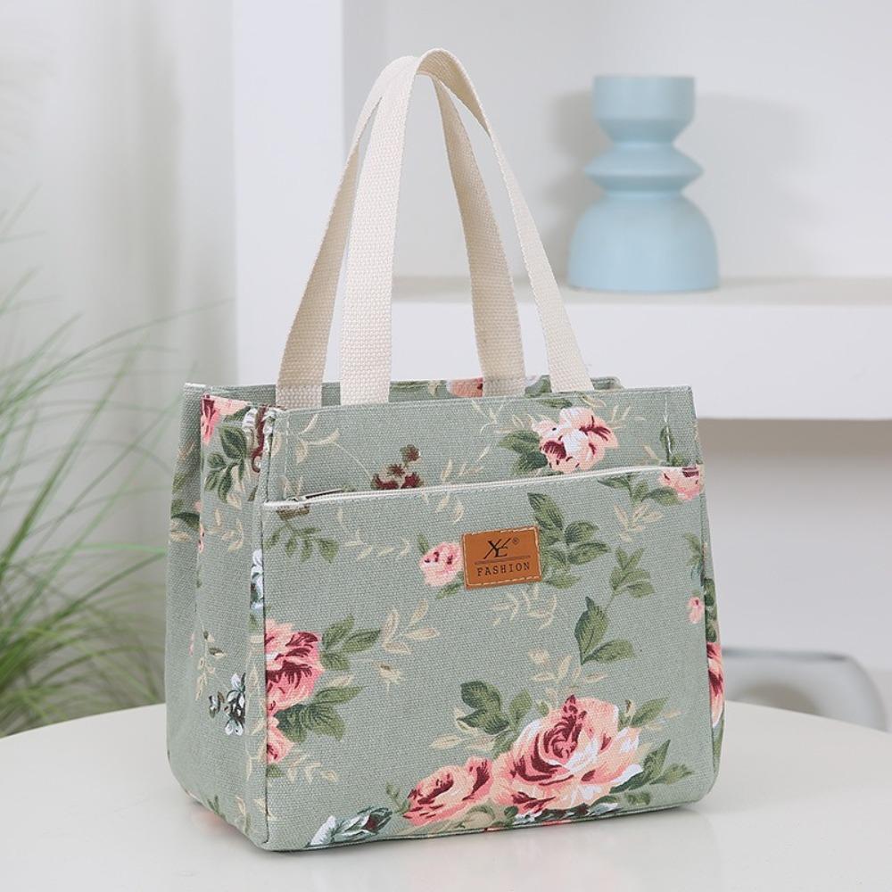 

Portable Canvas Lunch Bag Floral Print Large Capacity Ice Bag Foil Lining Lunch Box Handbag for Women зелёный
