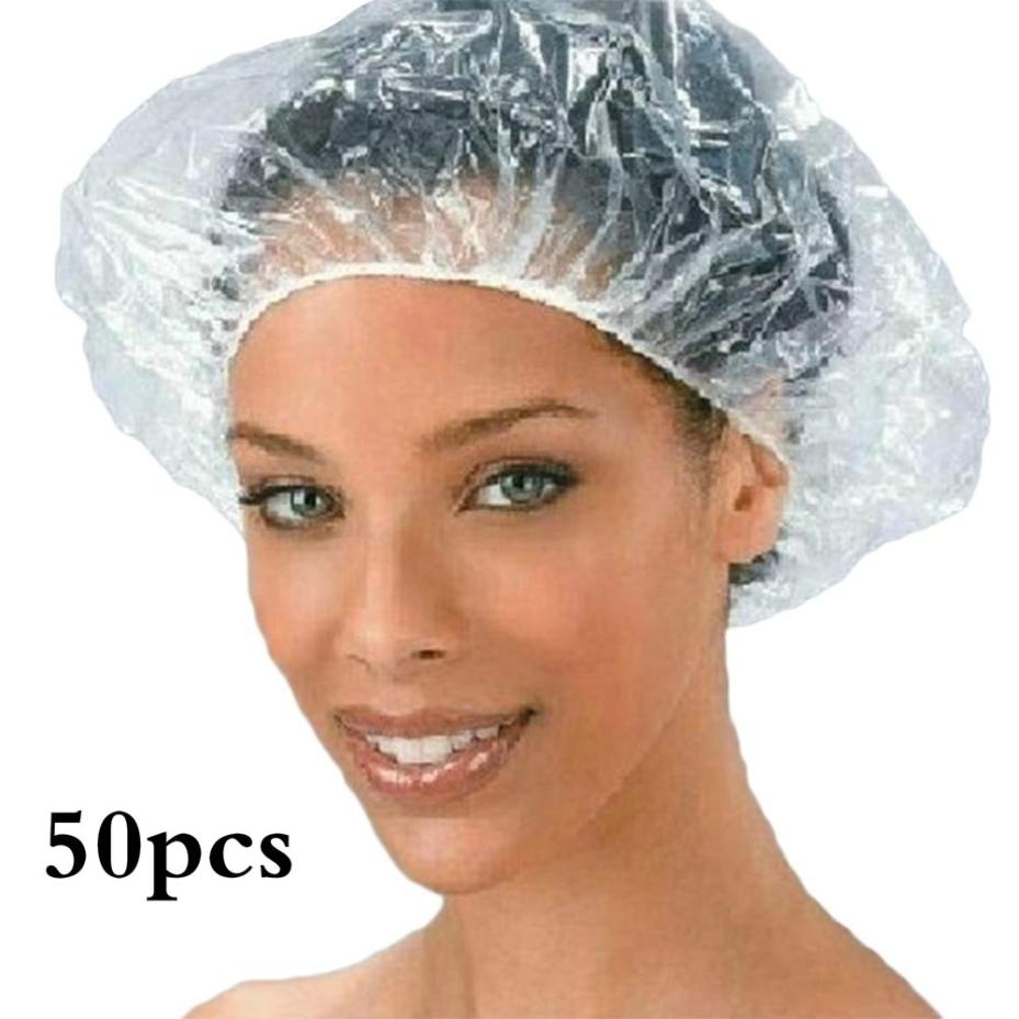 New 50Pcs Thickened Disposable Shower Cap Waterproof Oil Proof Transparent Hair Dye Shower Cap Elastic Large Size Head Cover
