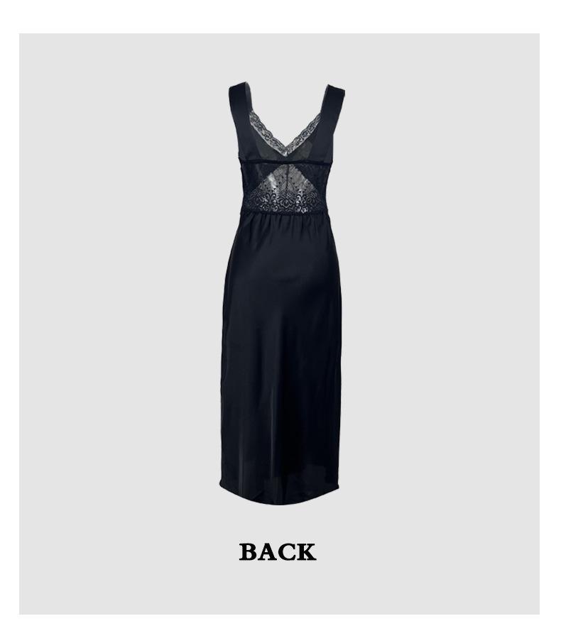 Elegant Black Lace Satin Nightgown: See-through, V-neck, Midi Length, Comfortable Camisole Dress.