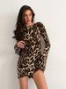 Women's European & American High-Waisted Long-Sleeve Leopard Print Short Dress