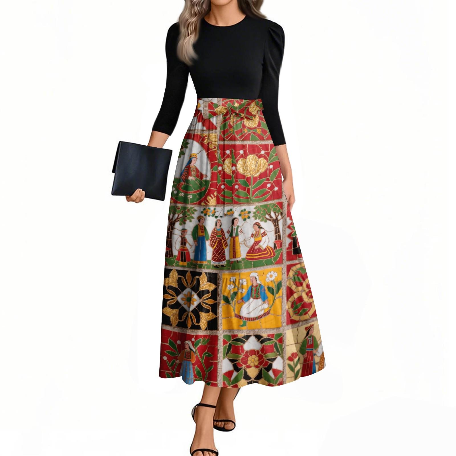 

Women s Fashion Casual Belted Three-quarter Sleeve Round Neck Floral Printed Elegant Temperament Dresses XL