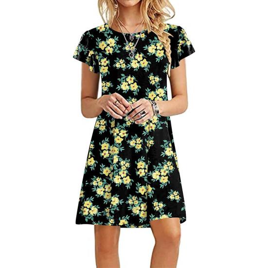 

Мини-платье с O-образным вырезом с летающим рукавом Карман А-силуэта над коленом Женская одежда с цветочным принтом Платье со свободным подолом