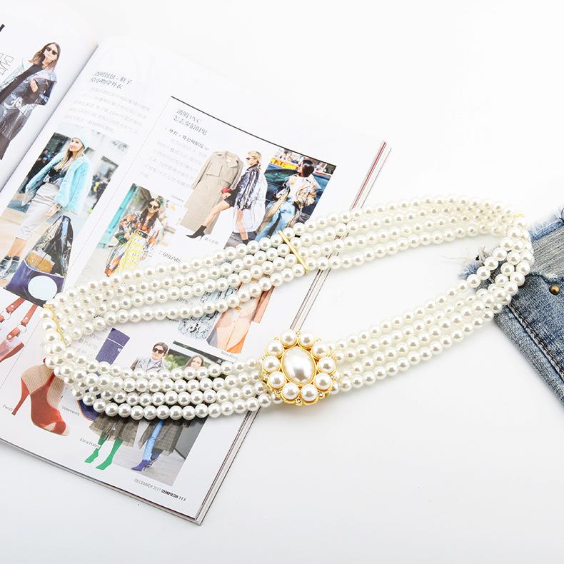 Ladies Dress Embellished With Four Rows Of High-Quality Pearl Elastic Elastic Flash Diamond Belt Waist Chain