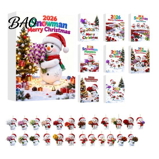 Holiday Gift Ideas Snowman Advent Calendar, 24Pcs Acrylic 2D Hanging Ornament Set Christmas Scene Decoration with Bouquet Flowers, Tree Decor,