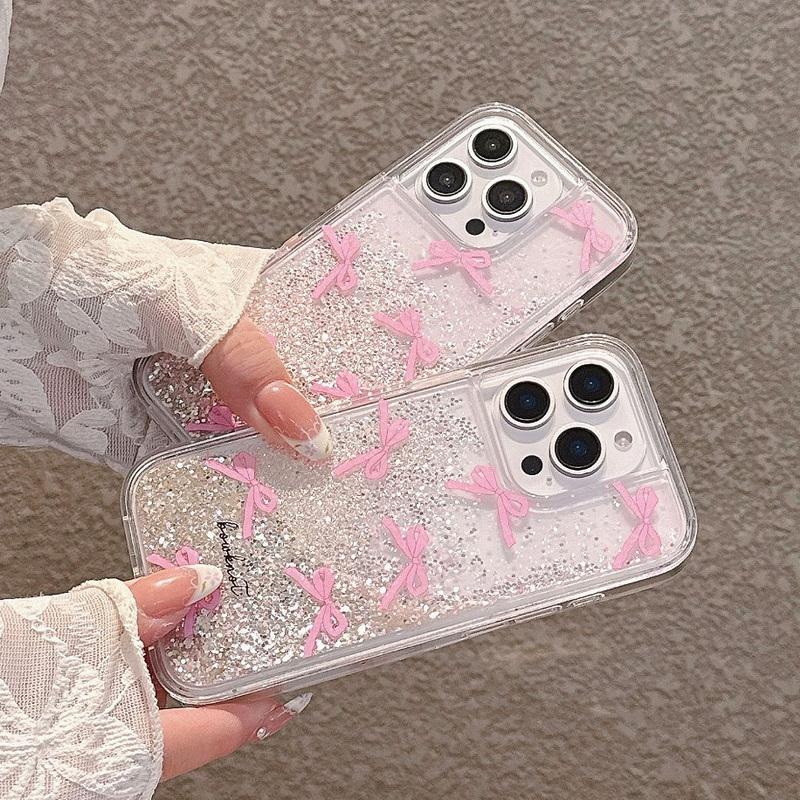 Glitzernde transparente Anti-Fall-Hülle mit rosa Schleifenmuster für iPhone 16 Pro Max 15 Plus 14 Pro 13 12 11 Weiche stoßfeste Silikon-Handyhülle