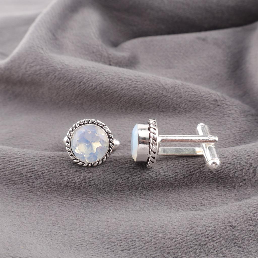 Milky Opal Edelstein 925 Sterling Silber Handgefertigter Schmuck Manschettenknöpfe für Herren Anzug 0,51" CL-3-21