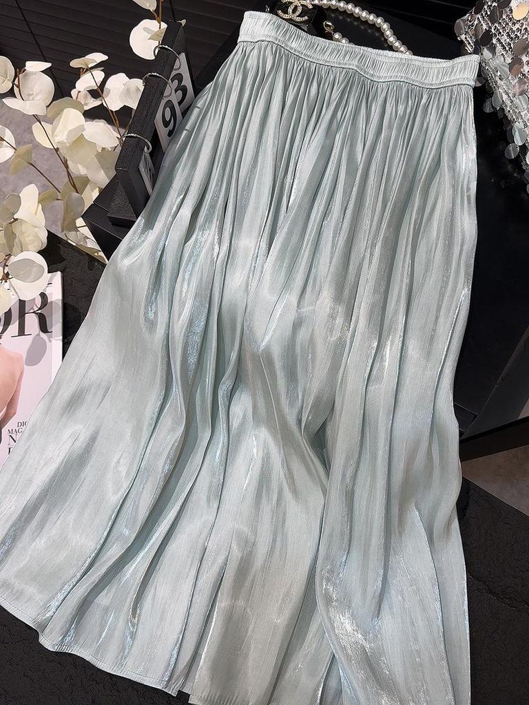 High-Waisted Retro Pleated A-Line Chiffon Skirt with Pearlescent Sheen