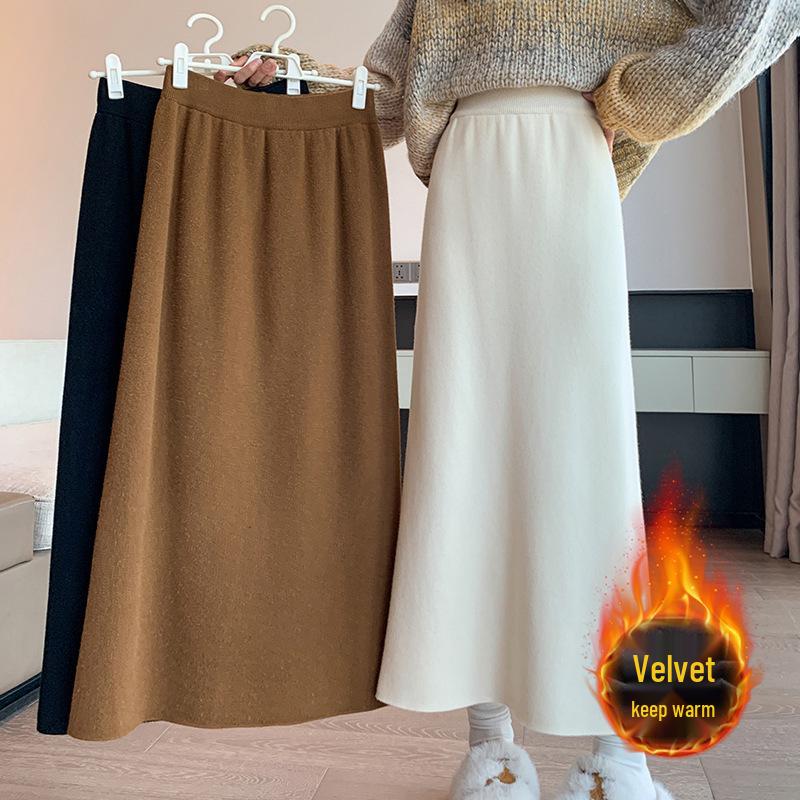 Women's High-Waisted Plus Velvet Slim-Fit Knit Midi Skirt (Petite, 2025).
