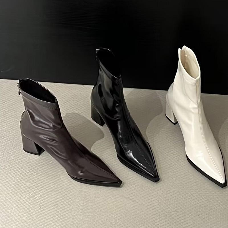 High-heeled pointed short boots women's thick-heeled rear zipper 2025 new autumn and winter black patent leather premium Martin boots