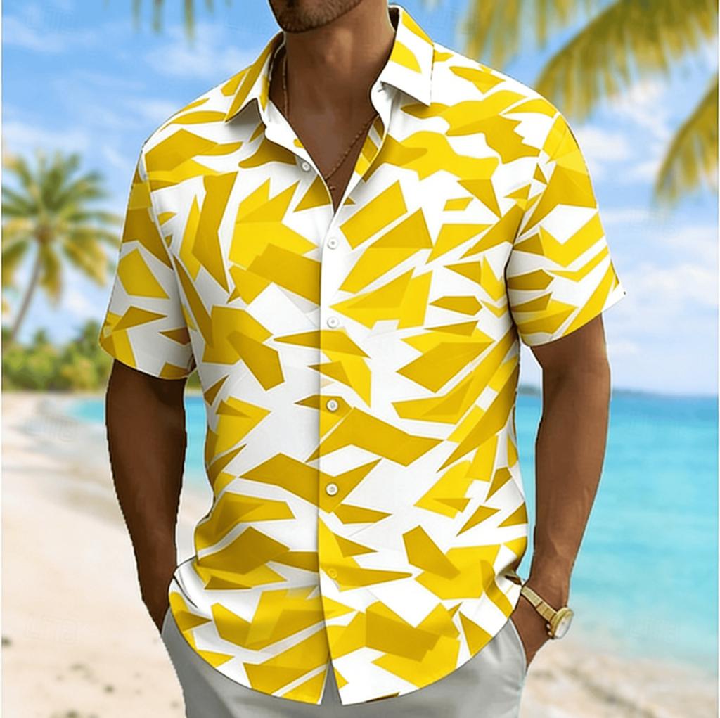 Men's Color Block Irregular Geometric Print Short Sleeve Shirt, Summer Casual Vacation Turn-Down Collar Blouse, Loose Fit Top