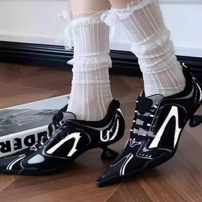 Low Heels Pointed Toe Shoes Women Lace Up Sports Style High Heels Ladies Colorblock Versatile Breathable Mesh Strappy Pumps