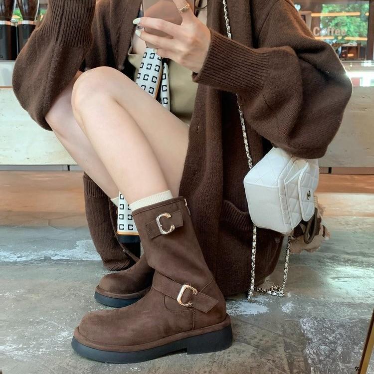 Retro locomotive boots buckle new round head low tube thick-soled boots heightening short boots autumn and winter women