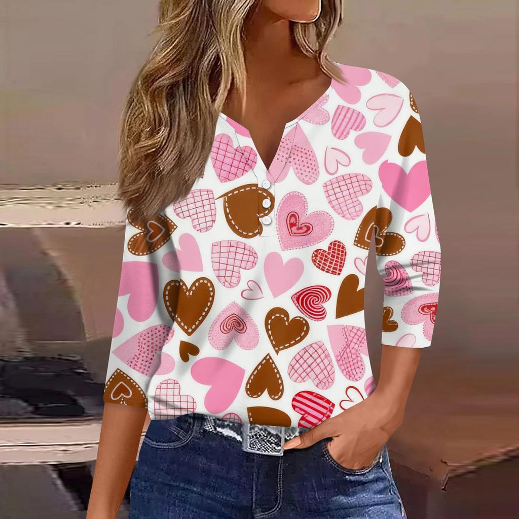 Women's Fashion Button-Up V-Neck Three-Quarter Sleeve Valentine's Day Print Top