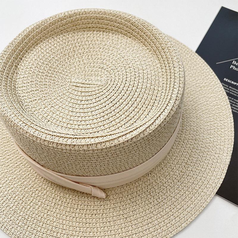 Flat Top Straw Hat Women'S Summer Vacation Style Beach Hat Large Brim Sun Protection Sun Hat French Top Hat