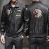 Herren-Lederjacken, Stickerei-Druck, Stehkragen, Reißverschluss, Mantel, Motorrad-Lederjacke, Herrenmäntel