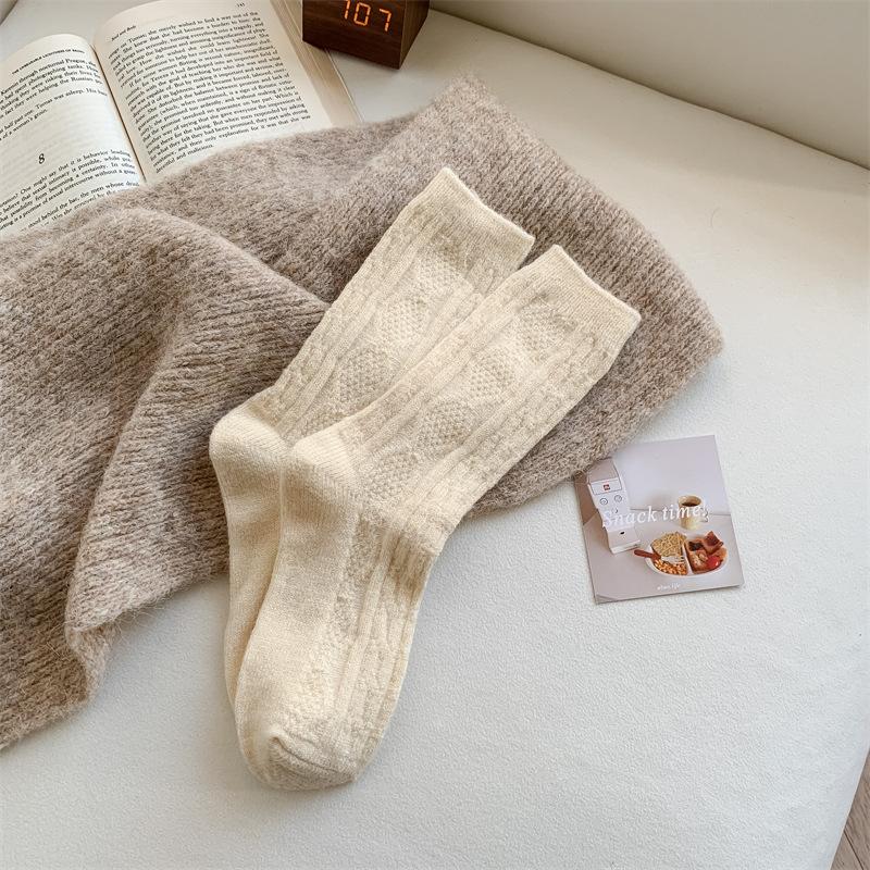 Children'S Wool Socks, Thickened Warm Rhombus Cream Solid Color Medium Tube Socks