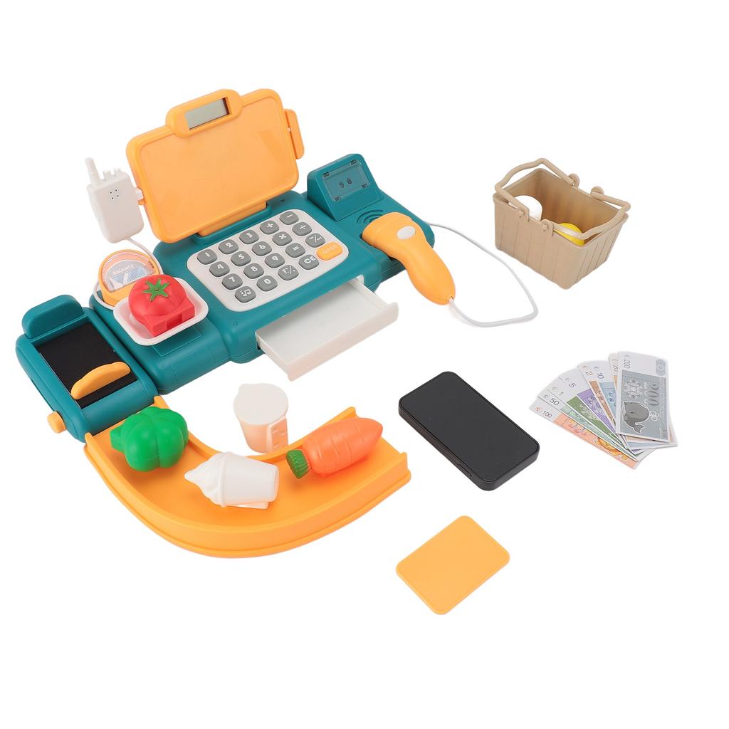 Cash Register Toy for Kids with Checkout Scanner Play Food Set Play Calculator Credit Card Rder Voice Broadcast Pretend Cash Register