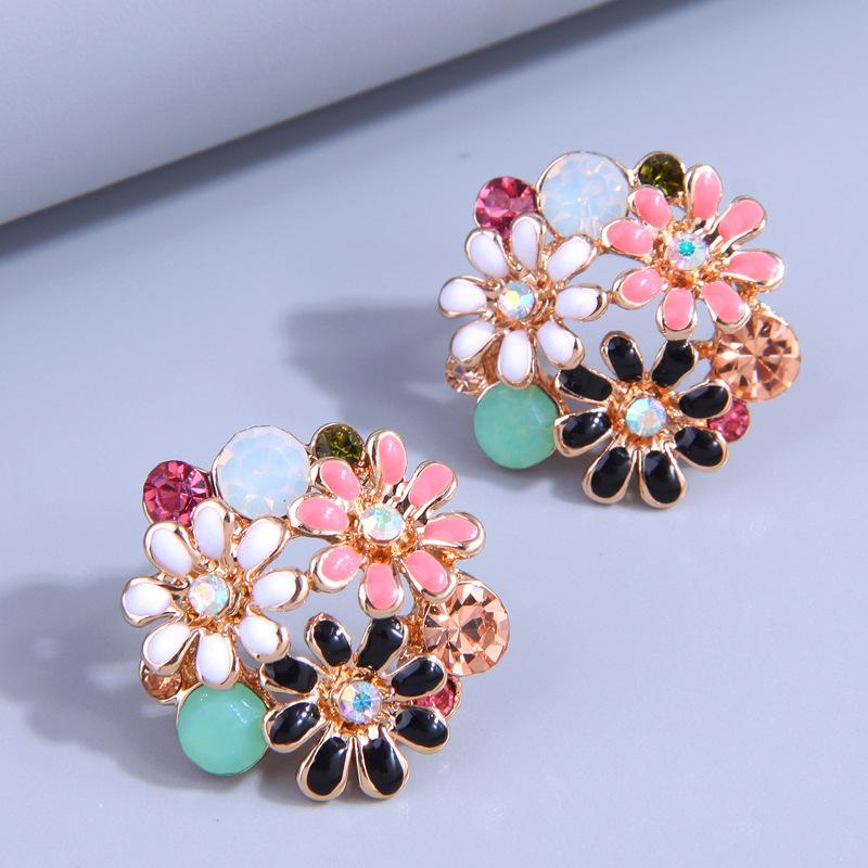 

Модные металлические серьги-гвоздики со сладким насыщенным цветком и кристаллами, простые круглые серьги-гвоздики с темпераментом, изысканные серьги с капающим маслом разноцветный