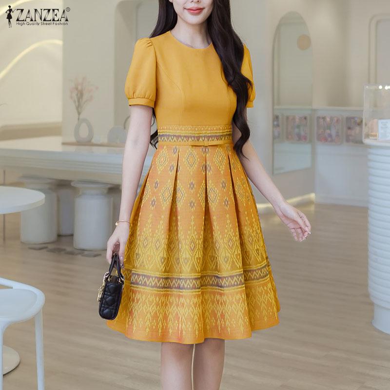 ZANZEA Women Casual Round Neck Short Sleeve Loose Print Dress