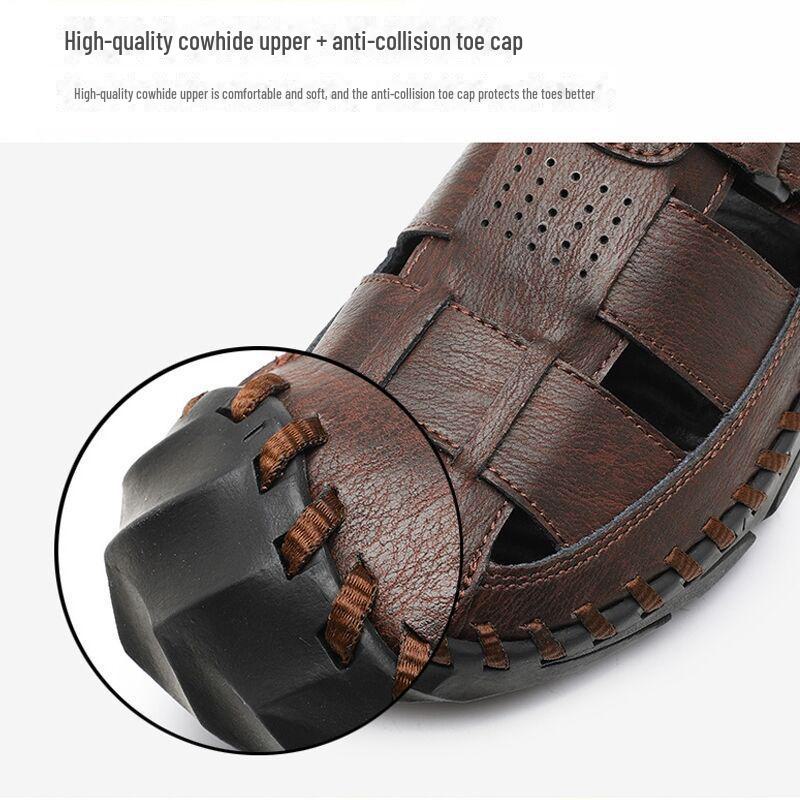 Men's Outdoor Genuine Leather Sandals: Breathable, Hollow, Casual Beach Shoes, Large Sizes Available.