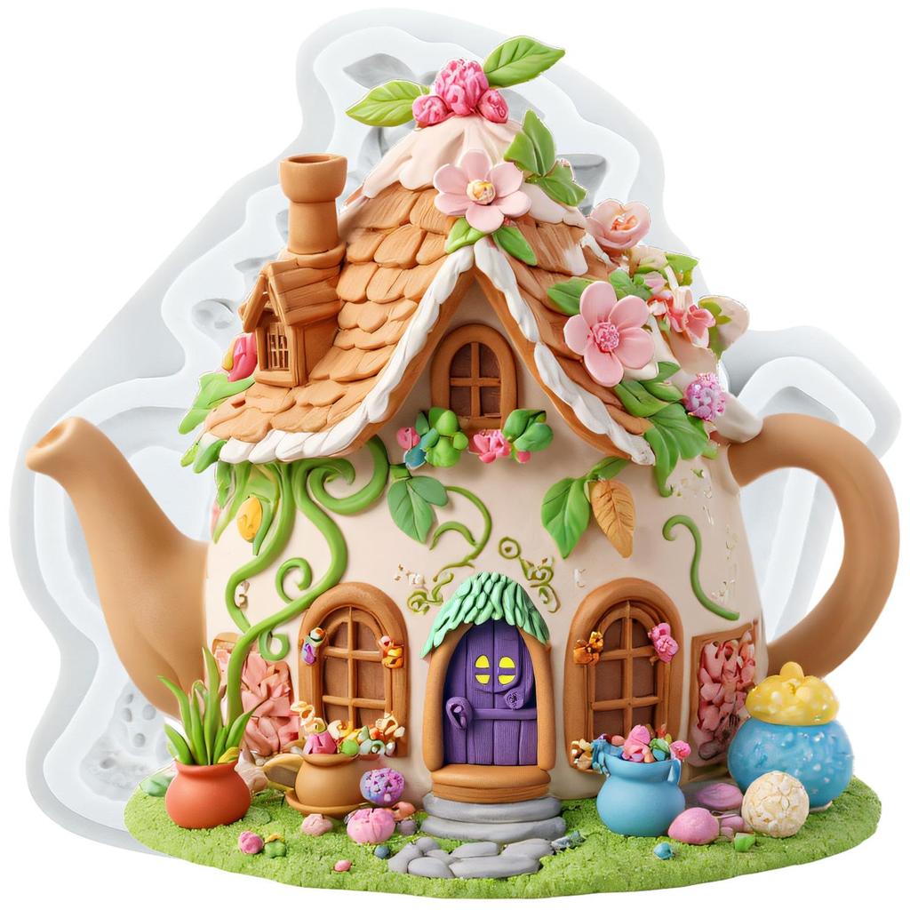 Fairy Garden House Silicone Mold Teapot House Fondant Molds Cake Decorating Tools Theme Cake Dessert Decorated Chocolate Candy Mold