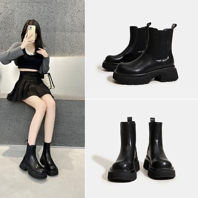 Autumn Thick Soled Short Boots for Women 2026 New Versatile British Style Chelsea Chimney Boots Black Short Boots