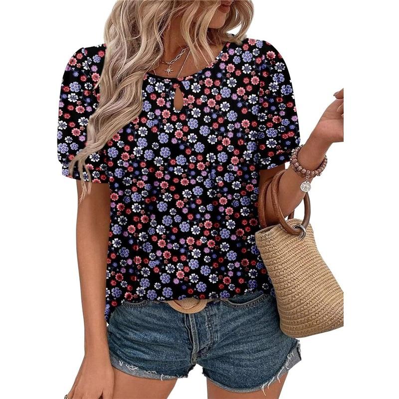 Floral Print Round Neck T-hole Casual Short-sleeved Pleated Flower Women