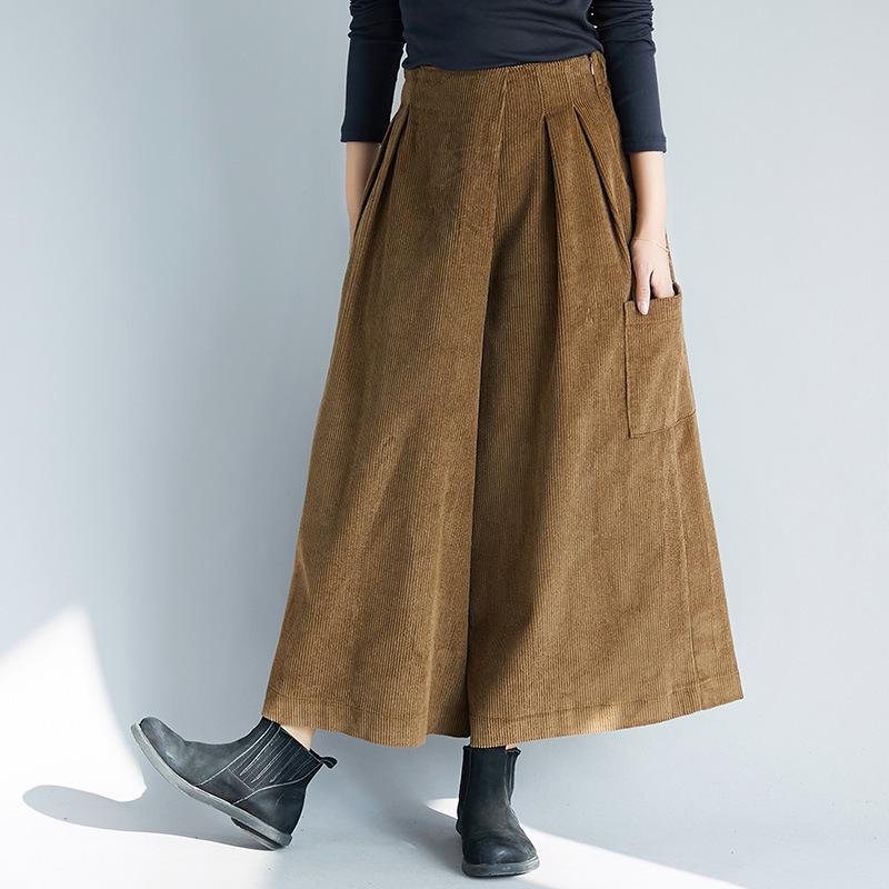 2025 Autumn/Winter Women's Corduroy Elastic Waist Wide-Leg Pants Skirt