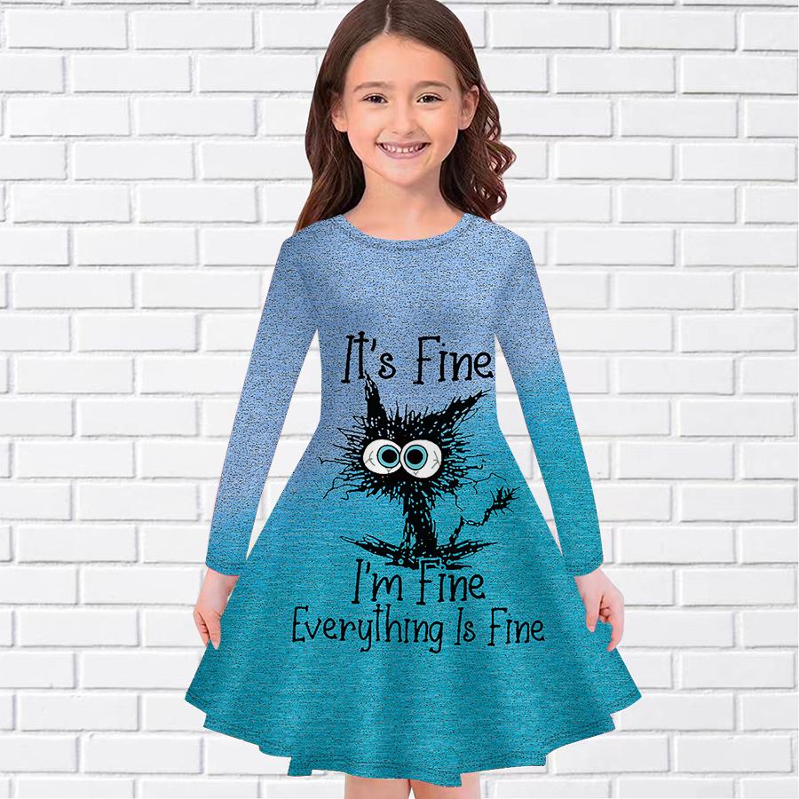 Girl Casual Gradient English Cat Print Round Neck Long Sleeve Dress Kid Princess Dress