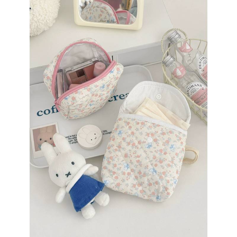 Rose Floral Cotton Makeup Bag With Breathable Storage For Daily Use