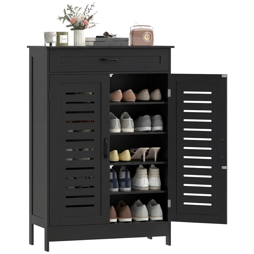 Shoe Cabinet with Louvered Doors, Modern Shoe Storage Cabinet with Drawer and Adjustable Shelves, Black